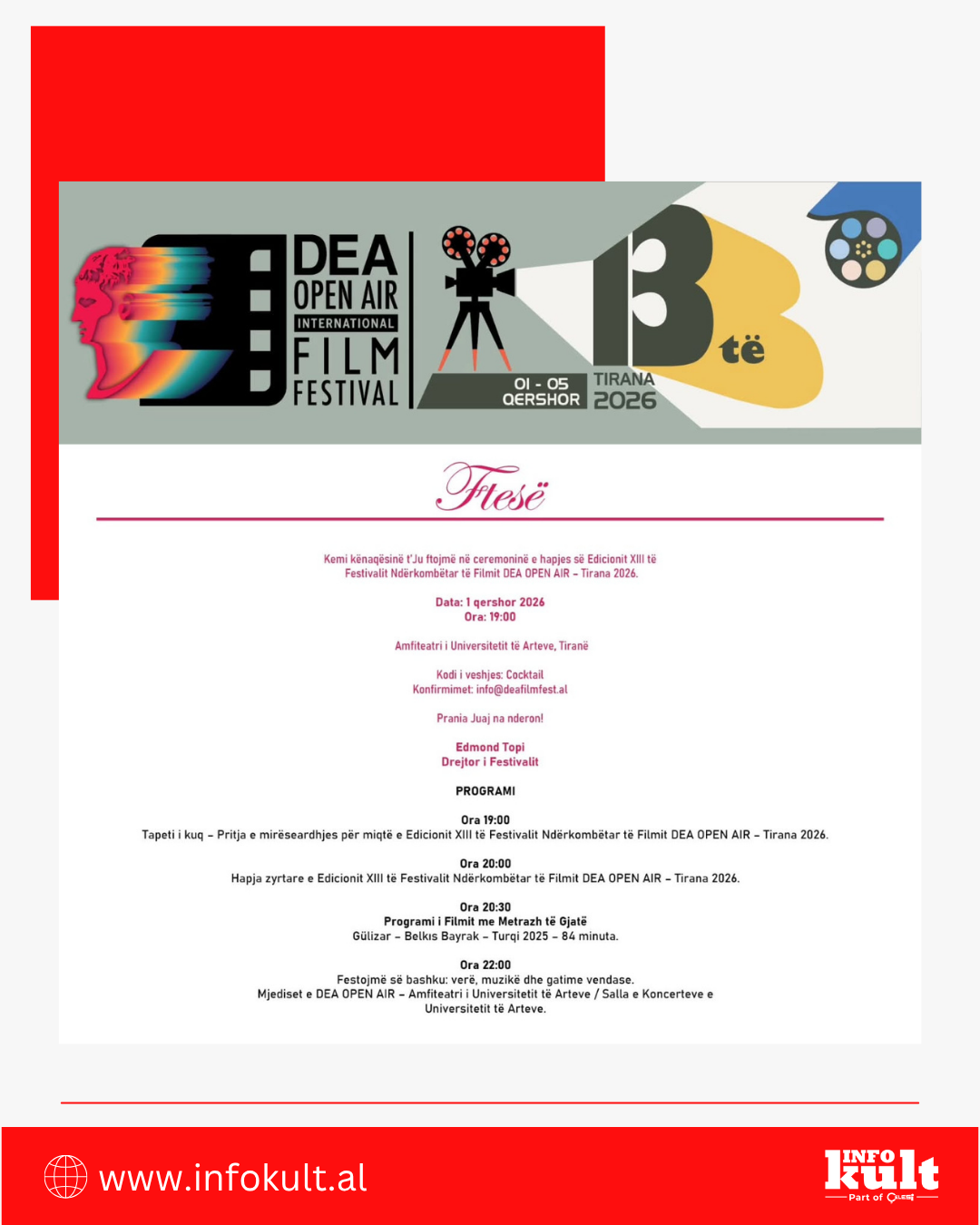 Edicionit XIII të Festivalit Ndërkombëtar të Filmit DEA OPEN AIR